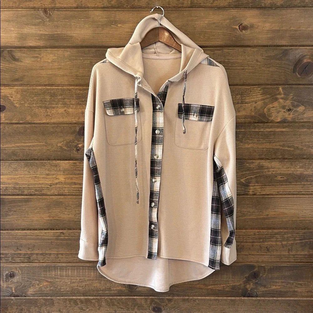 Plaid Accent Waffle Button Down Shirt - Tan - Picture 2 of 7